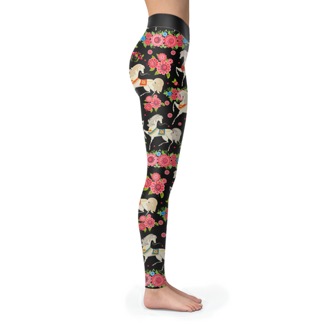 Image of Horse Leggings Horses and Pink Flowers