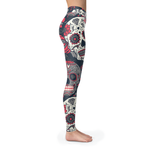 Image of Sugar Skull and Red Rose Printed Leggings Yoga Pants