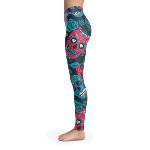 Image of Sugar Skull Red & Turquoise Printed Leggings Yoga Pants