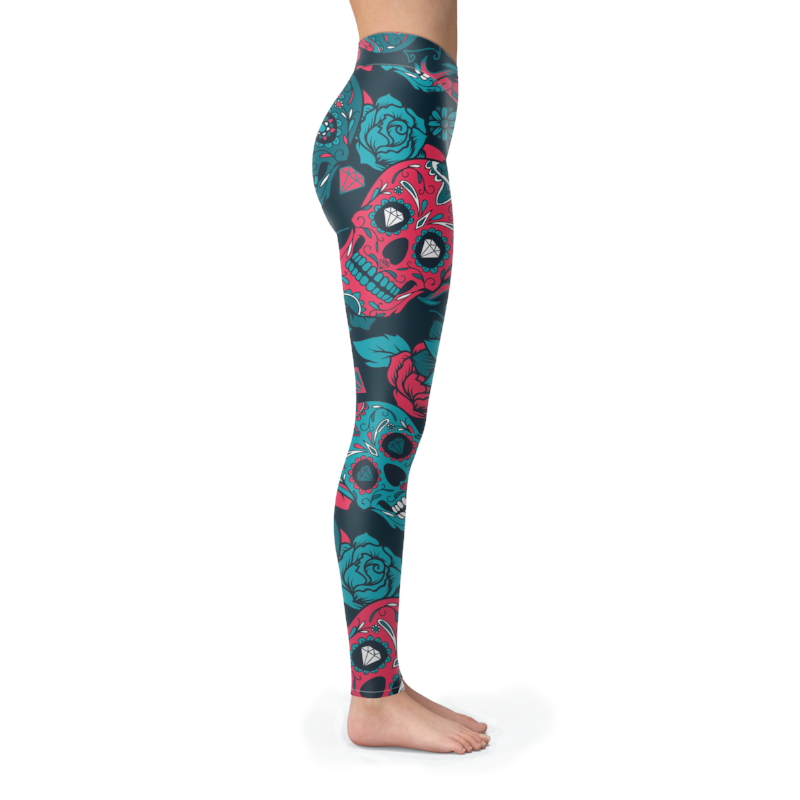 Sugar Skull Red & Turquoise Printed Leggings Yoga Pants