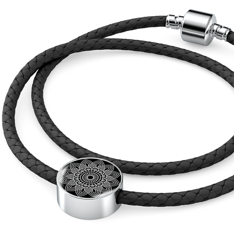 Image of Mandala Black and White Unisex Leather Charm Bracelet