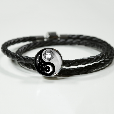 Yinyang Handcrafted Sun and Moon Unisex Leather Charm Bracelet