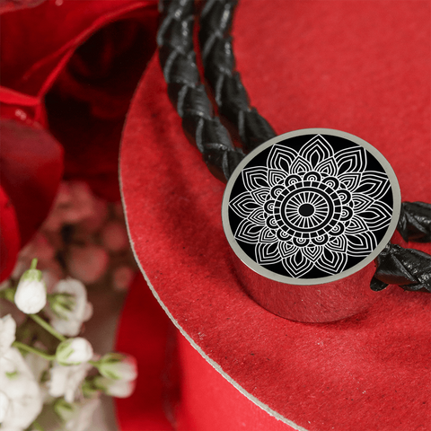 Image of Mandala Black and White Unisex Leather Charm Bracelet