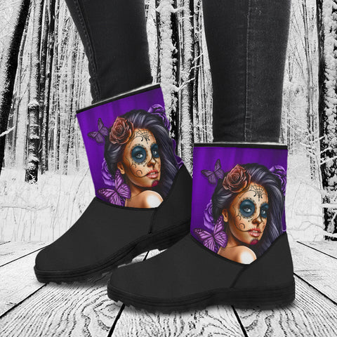 Image of Calavera Girl Sugar Skull Purple Faux Fur Boots