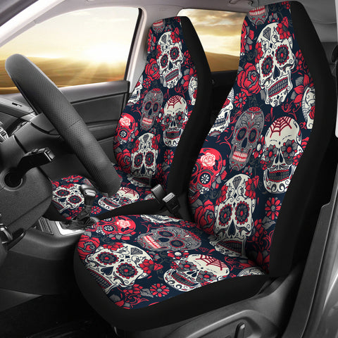 Image of Sugar Skull Red Rose Universal Printed Car Seat Covers