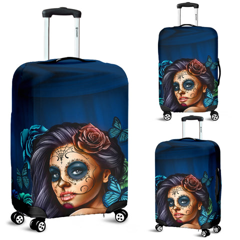 Image of Calavera Printed Sugar Skull Luggage Cover Turquoise