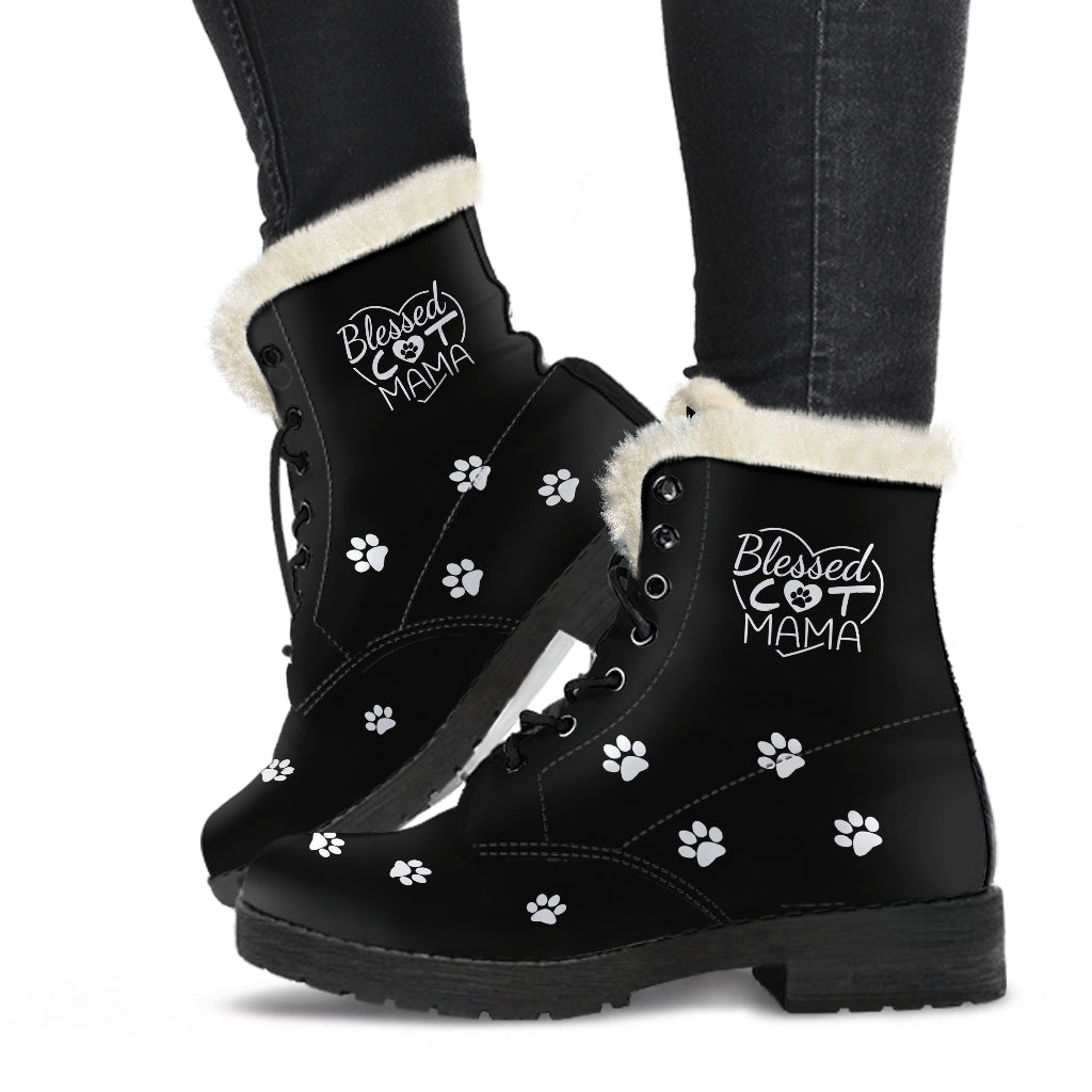 Blessed Cat Mama Faux Fur Leather Boots