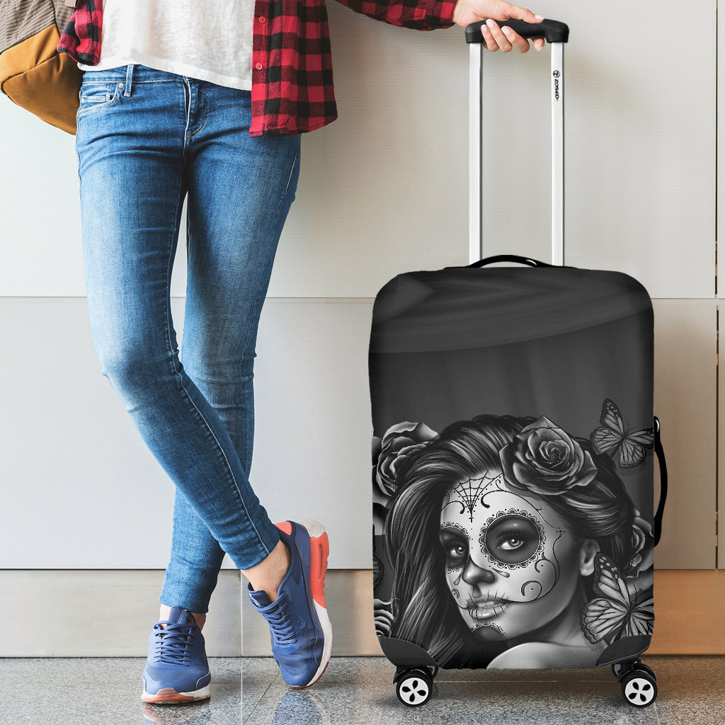 Calavera Printed Sugar Skull Luggage Cover Black and White