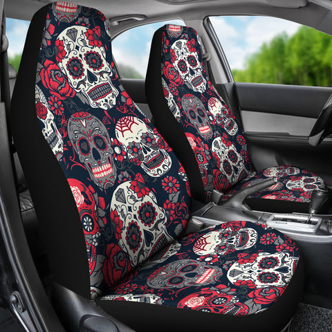Image of Sugar Skull Red Rose Universal Printed Car Seat Covers