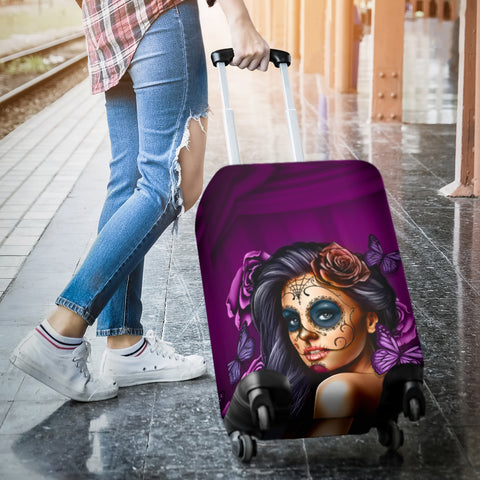 Image of Calavera Printed Sugar Skull Luggage Cover Violet