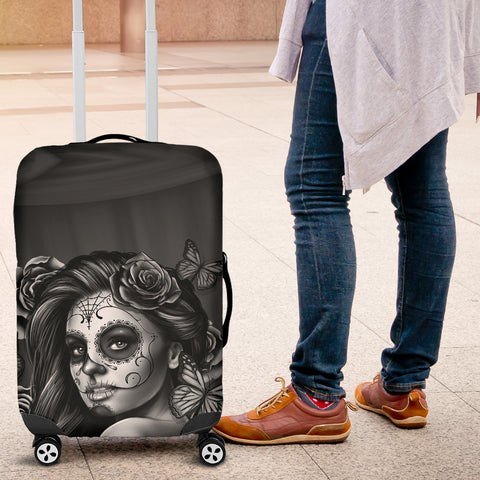 Image of Calavera Printed Sugar Skull Luggage Cover Black and White
