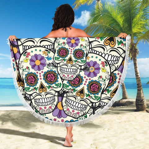 Image of Violet Sugar Skull Beach Towel Blanket
