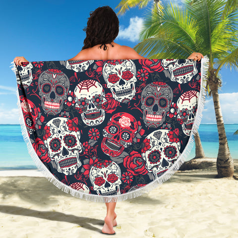 Image of Sugar Skull Red Rose Beach Blanket