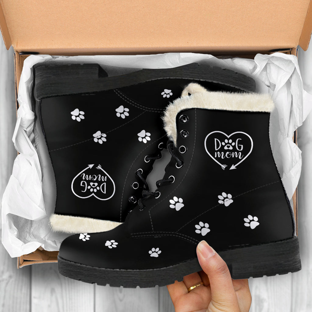 Dog Mom Heart Faux Fur Leather Boots