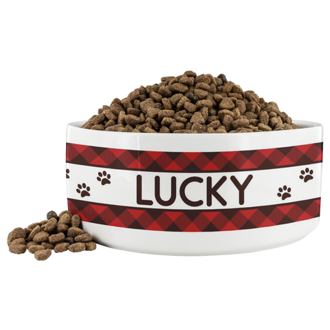 Image of Personalized Ceramic Dog Bowl Red Flannel Name