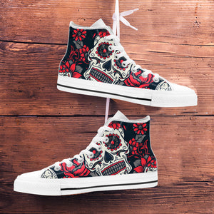 Sugar Skull Red Rose High Top Shoes White