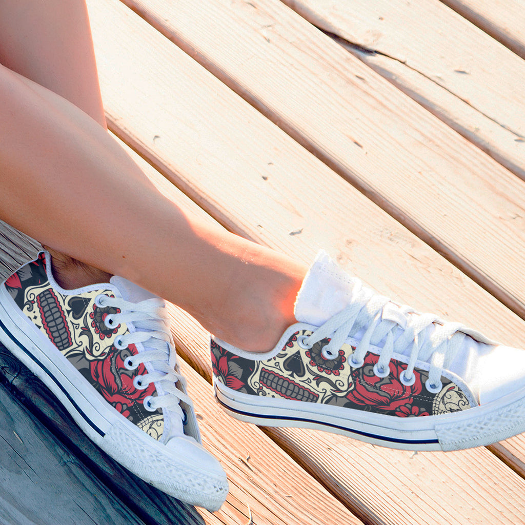 Sugar Skull Red Rose Low Top Shoes White