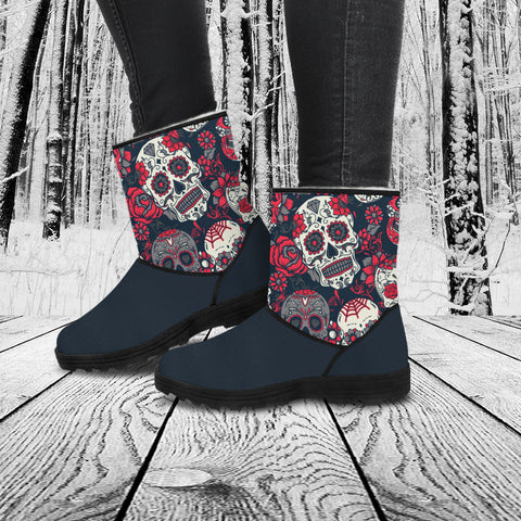 Image of Sugar Skull Red Rose Navy Faux Fur Boots