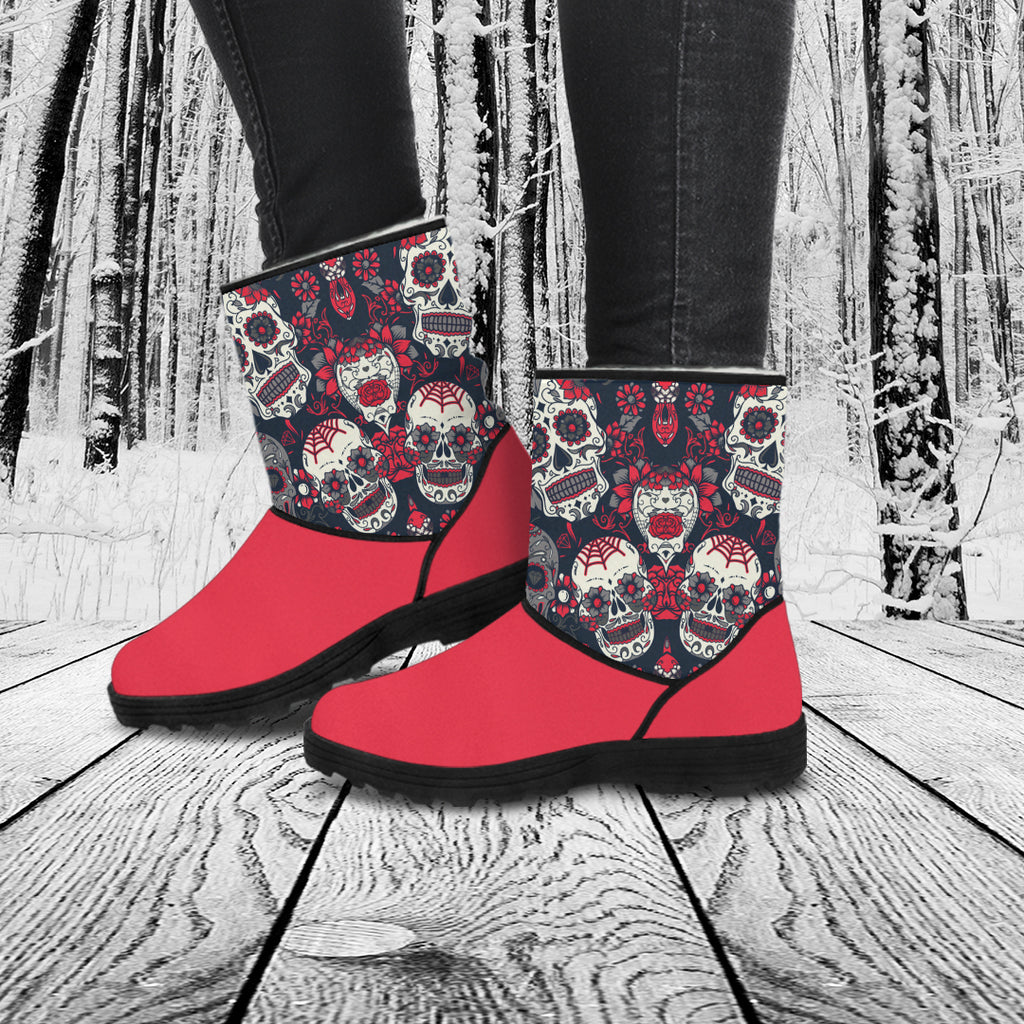 Sugar Skull Red Rose Faux Fur Boots