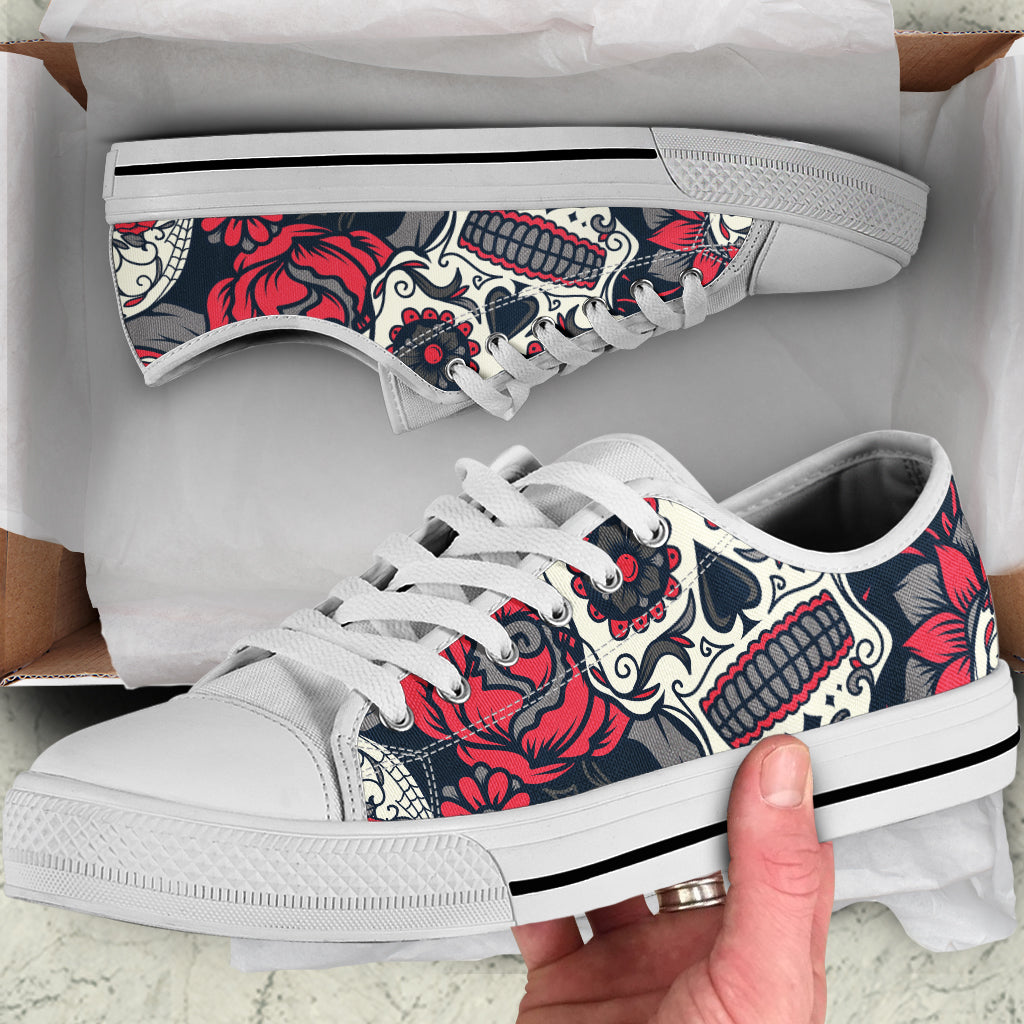 Sugar Skull Red Rose Low Top Shoes White