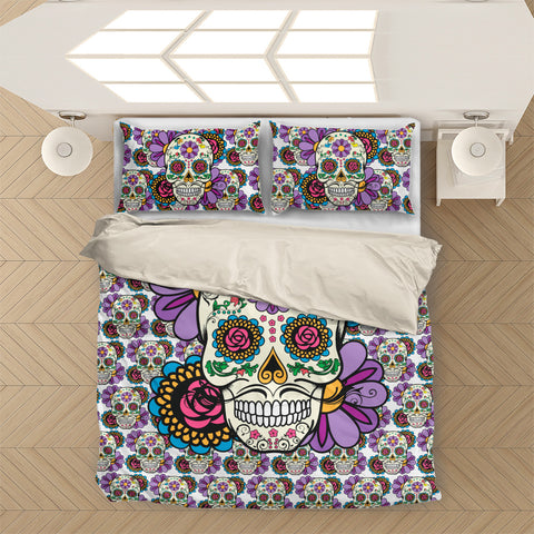 Image of Violet Sugar Skull Printed Bedding Set
