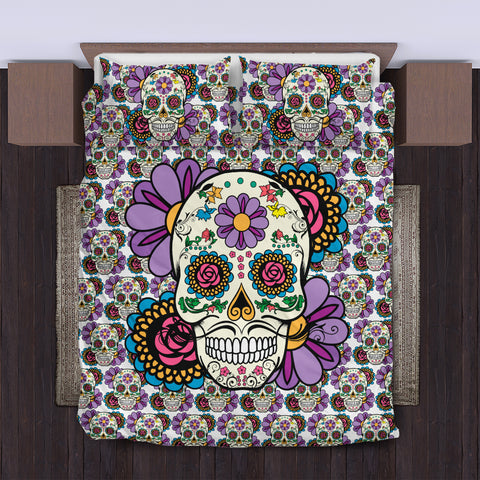 Image of Violet Sugar Skull Printed Bedding Set